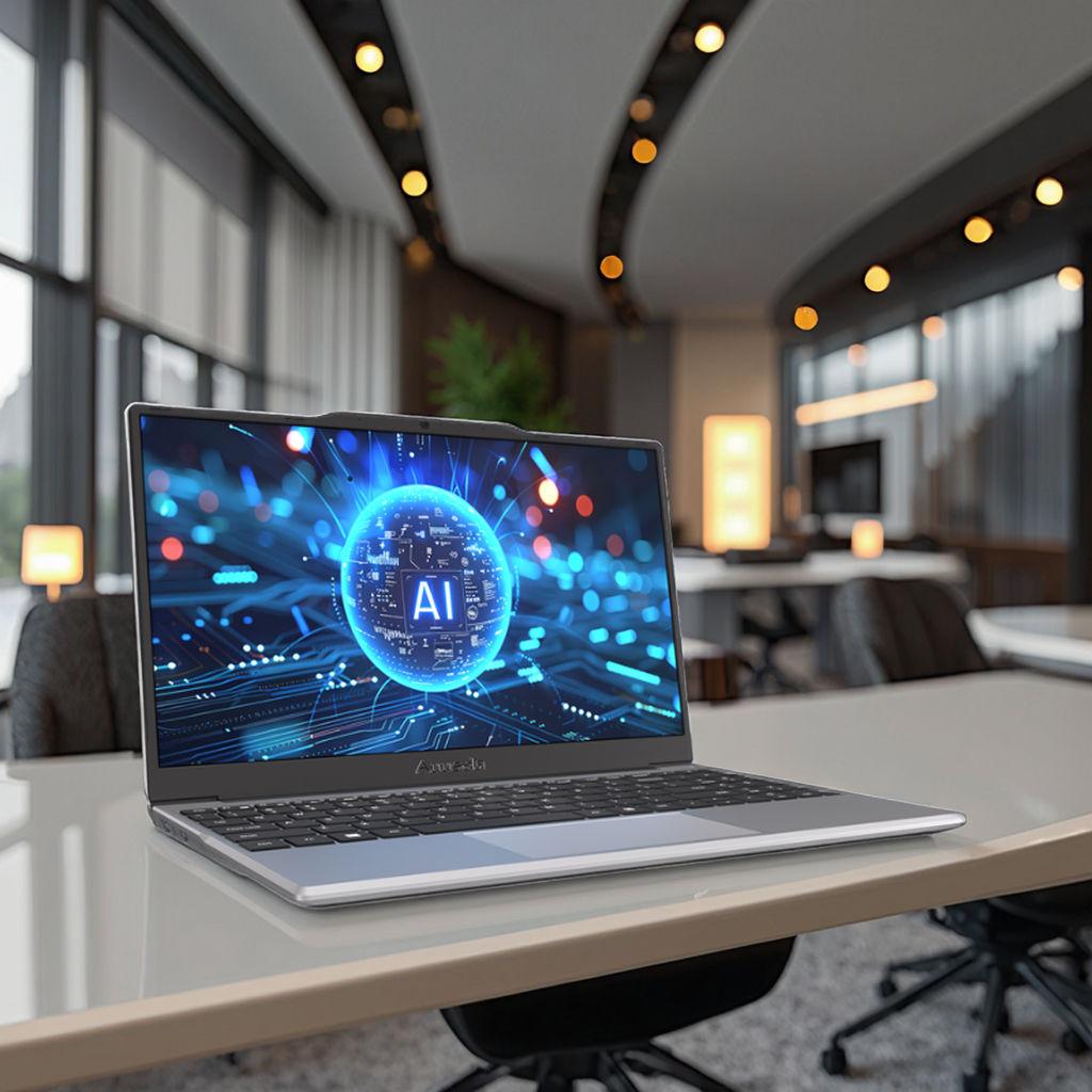 Laptop displaying artificial intelligence technology and digital data connections for business automation and cybersecurity