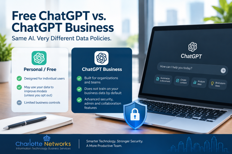 Free ChatGPT vs. ChatGPT Business comparison showing AI data privacy and security differences for businesses