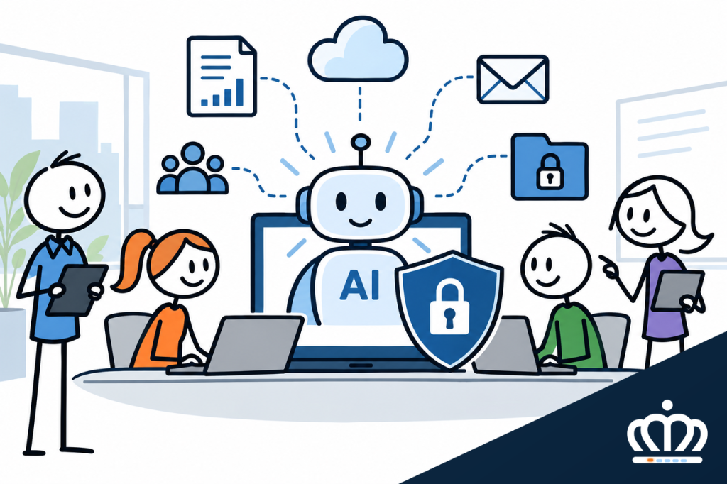 Illustration of employees safely using artificial intelligence with cybersecurity guardrails, a protective shield, and Charlotte Networks branding.